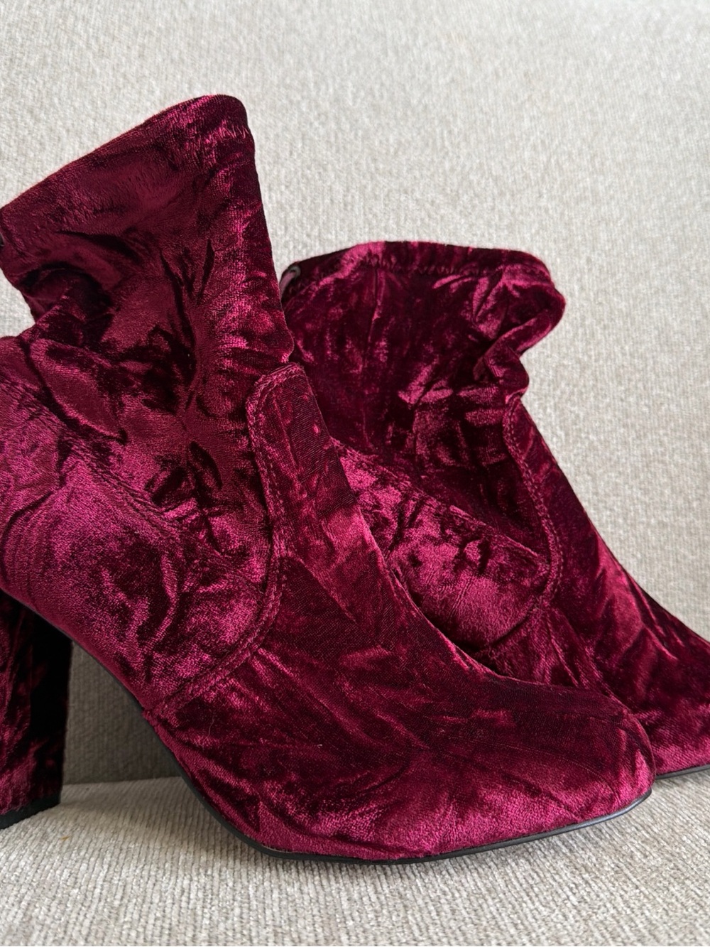Express Crushed Velvet Wine Red Ankle Booties